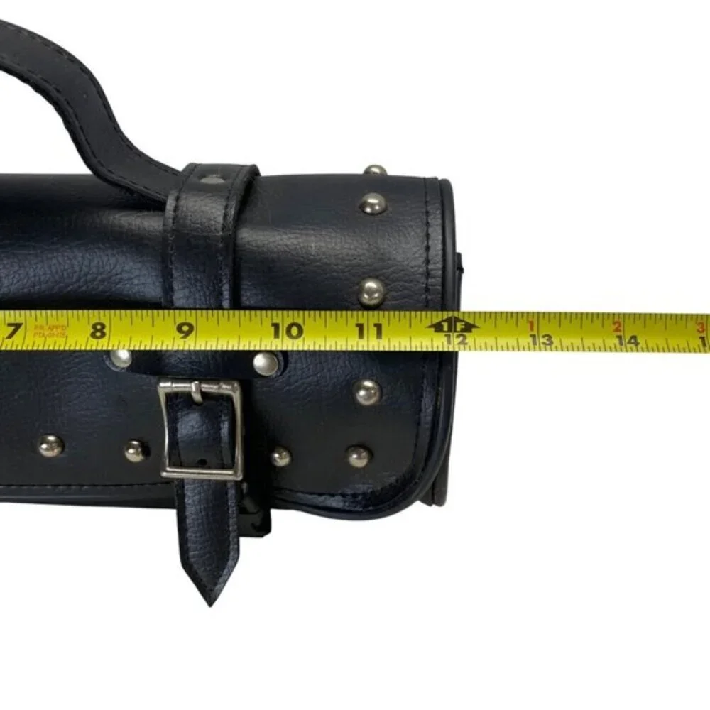 Black Leather Studded Motorcycle Handlebar Tool Bag With Buckle Straps